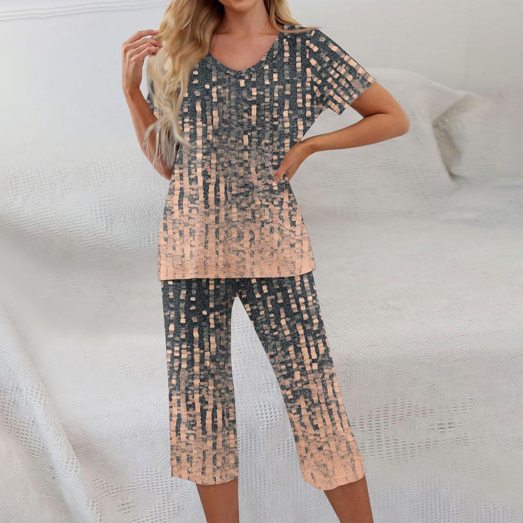 2 Piece Sets For Women Short Sleeve Top And Pants With Pockets Workout Soft Floral Print Sets