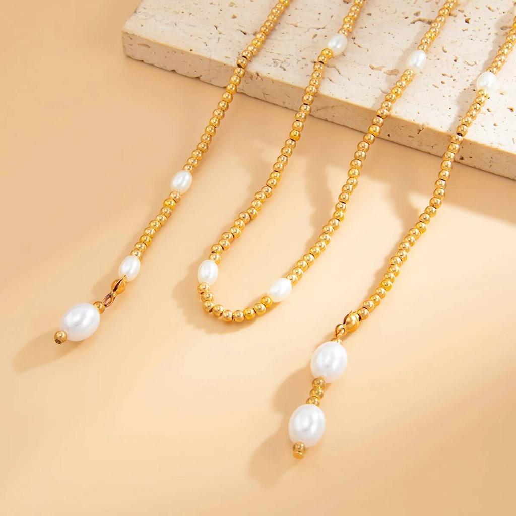 Ingemark Sexy Y-shaped Imitation Pearls Pendant Chest Chain Necklace for Women Goth CCB Beads Choker Wedding Daily Jewelry Gift