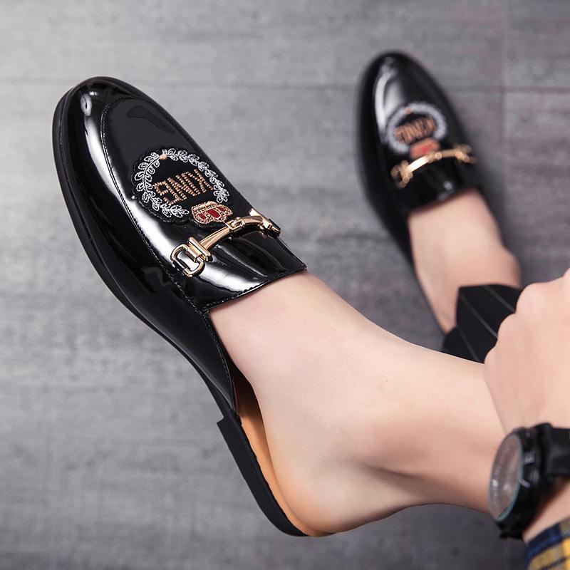 Spring/Summer Men's Patent Leather Mules - Trendy, Breathable, Casual with Fashion Embroidery.