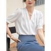 K-style Work Clothing Blue Business Formal Wear Non-Ironing Anti-Wrinkle Interview Satin V-neck Slimming Bubble Short Sleeve Shirt Top
