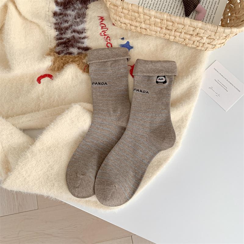 Autumn and Winter Fringed Women's Mid-calf Socks, Trendy and Cute Bear Head Embroidery, Pure Cotton Pile Socks, Boneless and Versatile Socks