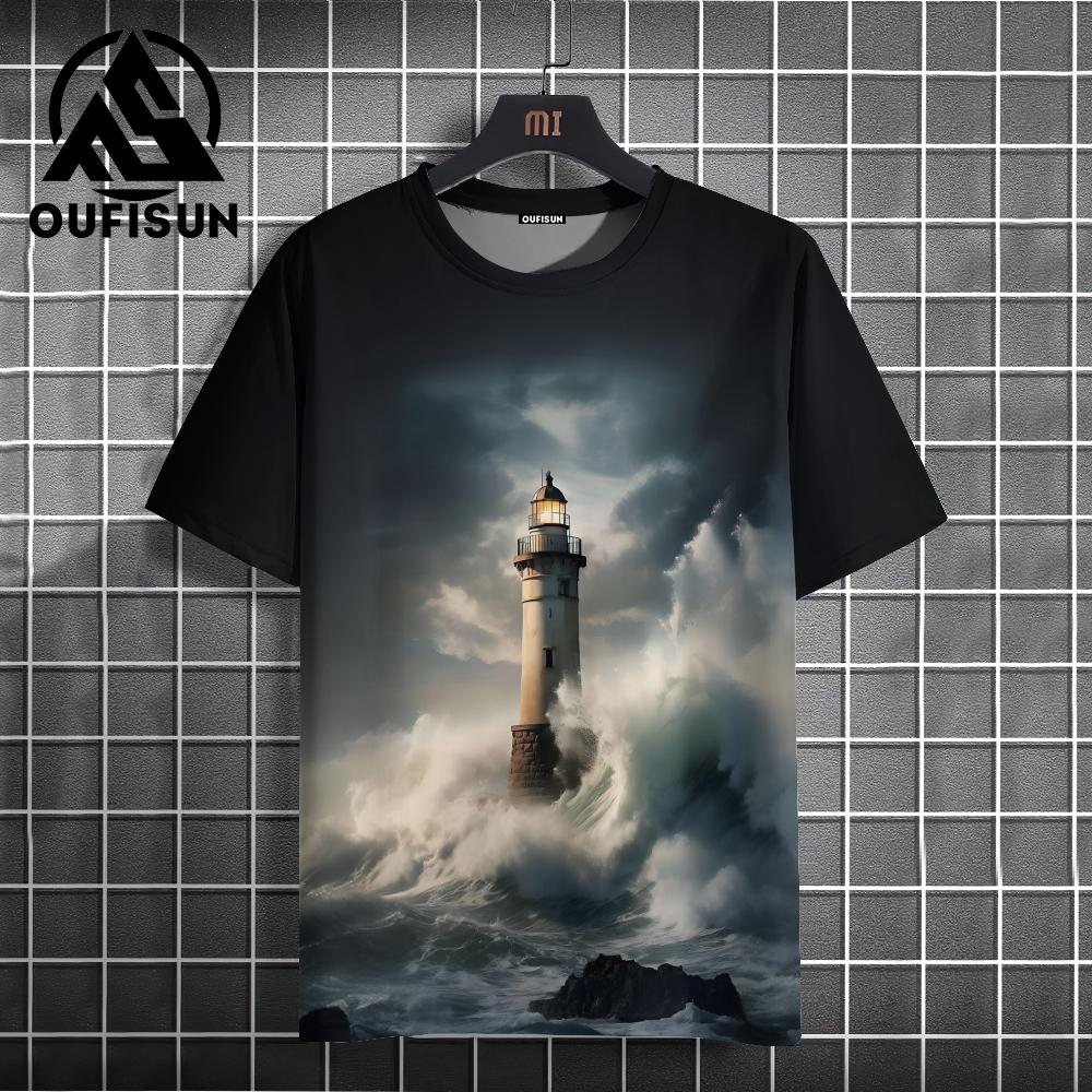Dark Lighthouse T-shirt For Unisex Casual Short Sleeved Tops Summer Unisex's Clothing 3d Printed Black Cool Oversized Pattern T-shirt