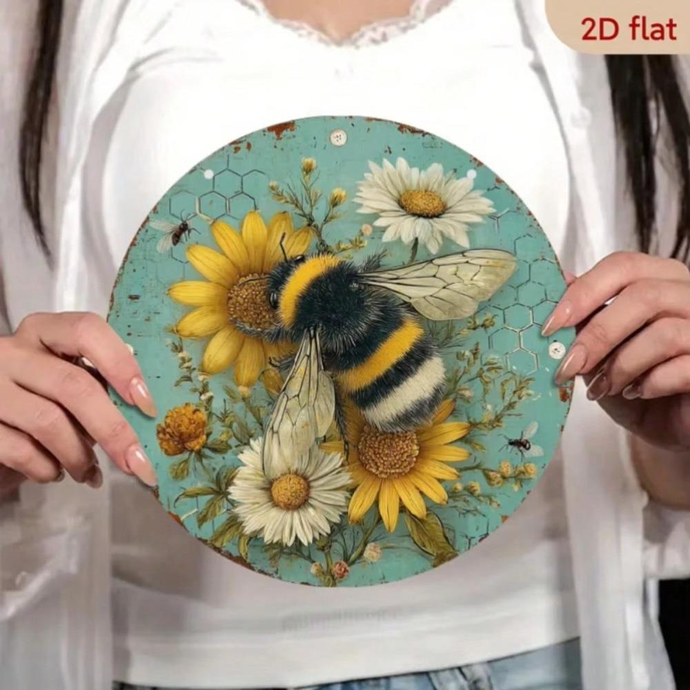 Vintage Metal Wall Art Bee Flowers Waterproof Decor for Restaurant Bar Home