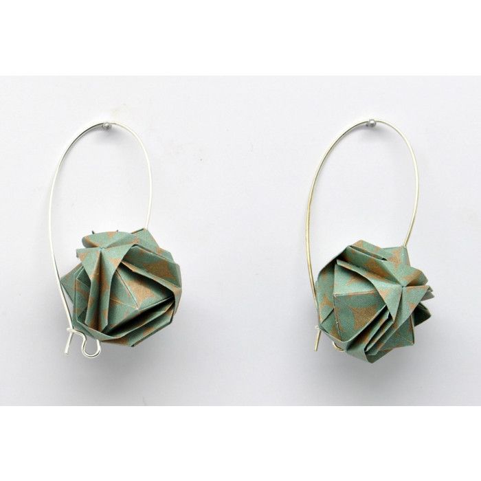 Boucles d'oreille papier Origami Boule Vert et beige
