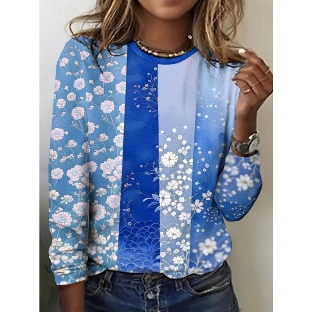 Fashion Women's Flower Graphic O-Neck Long Sleeve T-Shirt Y2k Casual Tops Womens Clothing Harajuku Female Clothing Pullover