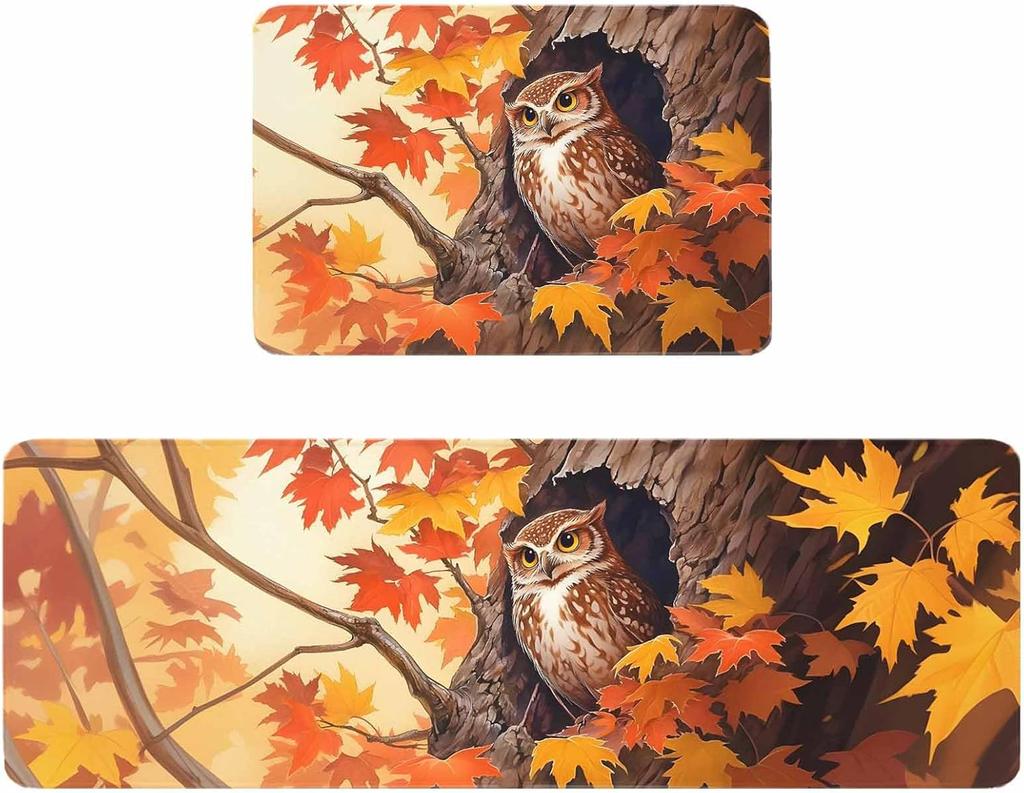 Fall Owl Maple Leaves Kitchen Mat Home Decor Corridor Balcony Laundry Room Rugs Bedroom Bedside Floor Mat Bathroom Door Mat