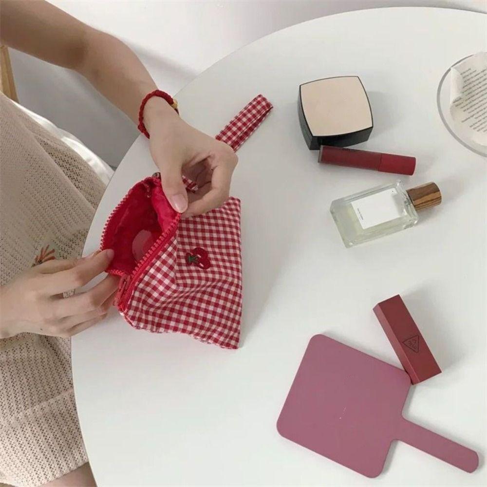 Toiletry Organizer Plaid Makeup Bags Large Capacity Canvas Coin Purse Cherry Cosmetic Bag Outdoor