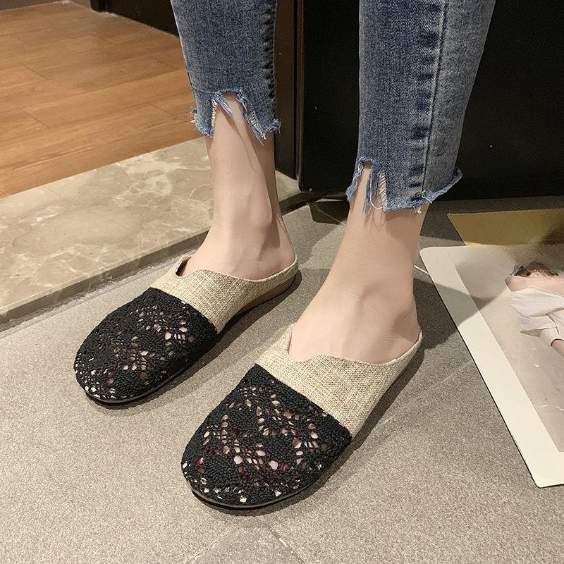 Round-toed, Closed-toe, Half-slipper Women's Shoes, Flat, Lazy, One-foot, Hollowed-out Flip-flops