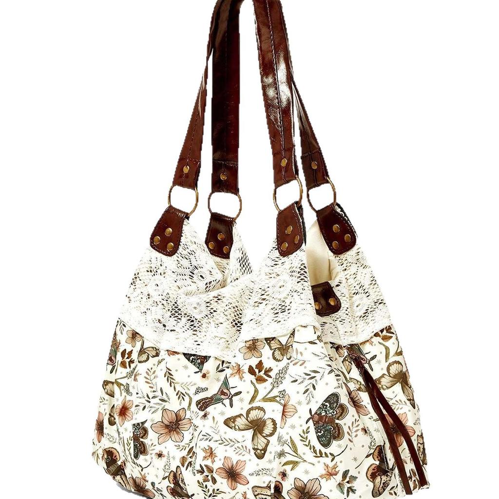Patchwork Bag with Vintage Lace Trim for Casual Day-to-day Use, Featuring A Single Shoulder Strap. Casually