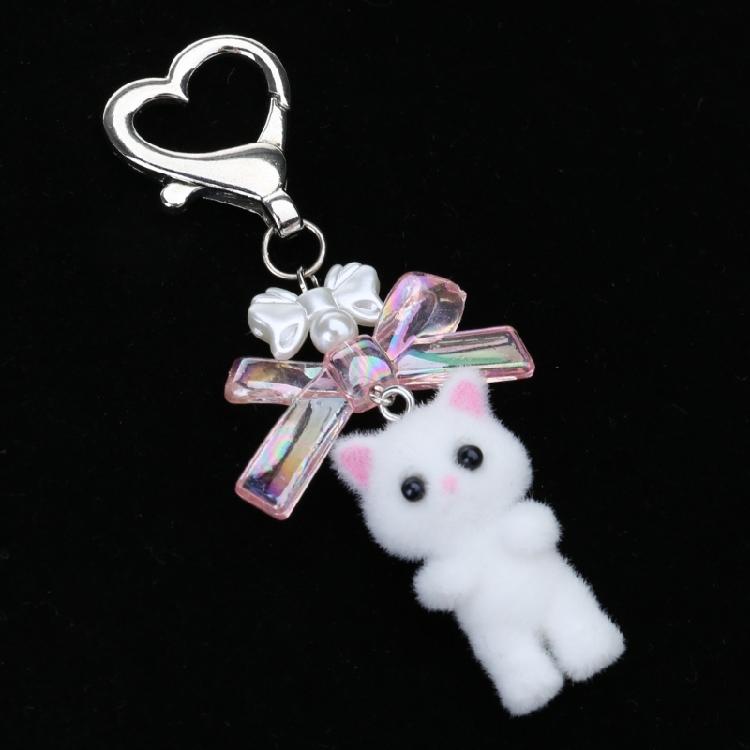 Cute Flocking Animal Keychain Cat Bear Doll Bowknot Pendant Keyring Accessories