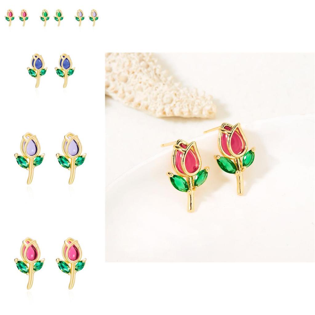 Romantic Tulip Flower Stud Earrings For Women Copper Glass Spring Jewelry
