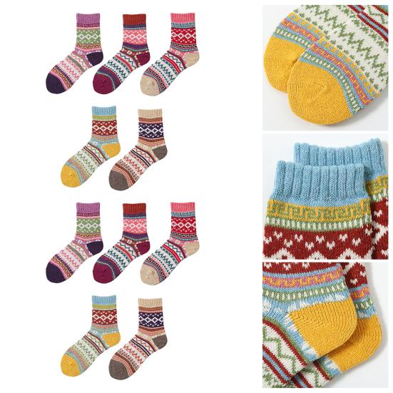 5 par Vintervarme mannskapssokker for kvinner Tykke midt-legg strikkesokker Retro etnisk stil sokker til julegaver