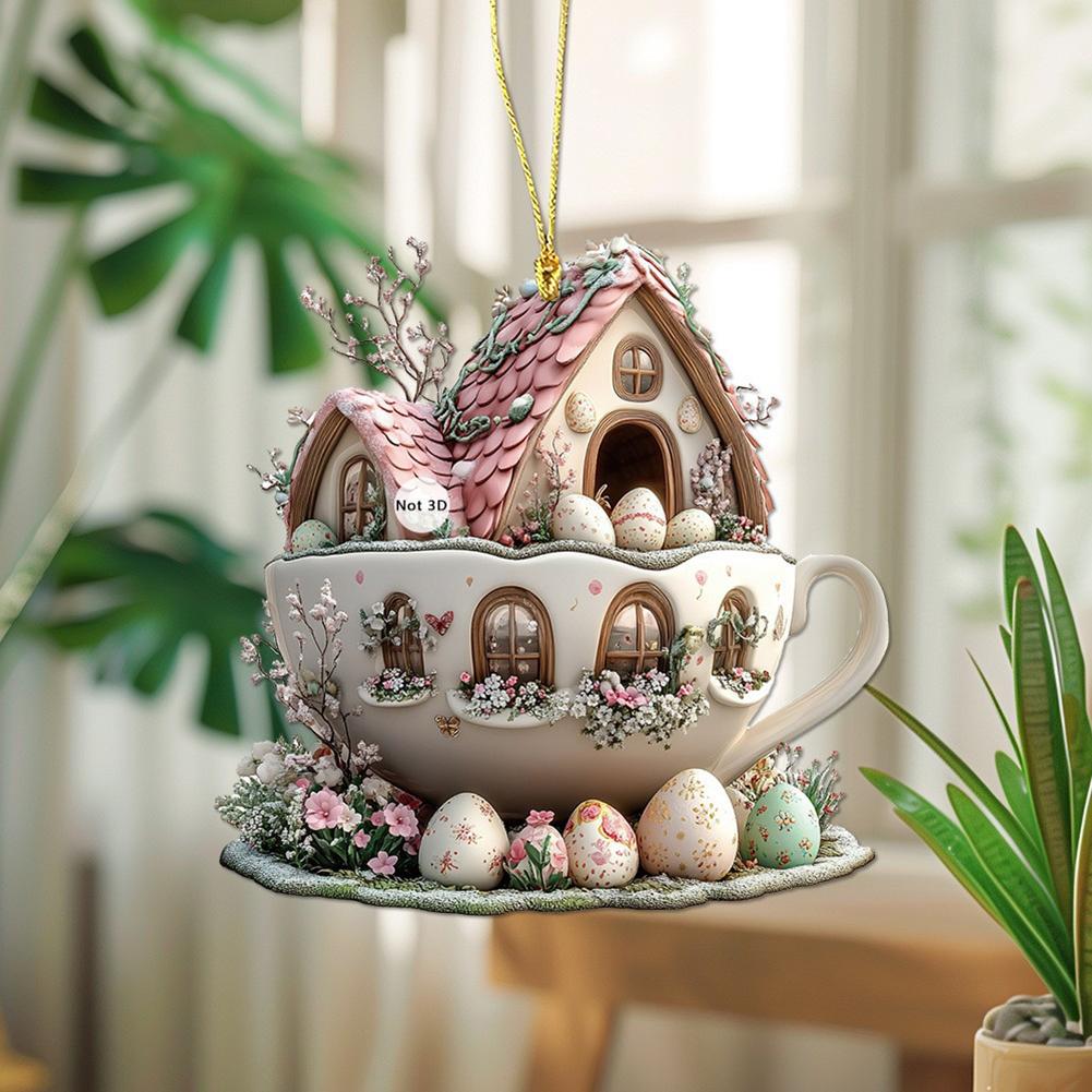 10pcs Easter Bunny Egg House Coffee Mug Hanging Ornament Acrylic 2D Flat Coffee Cup Decorative Pendant Kit for 2025 Easter Party
