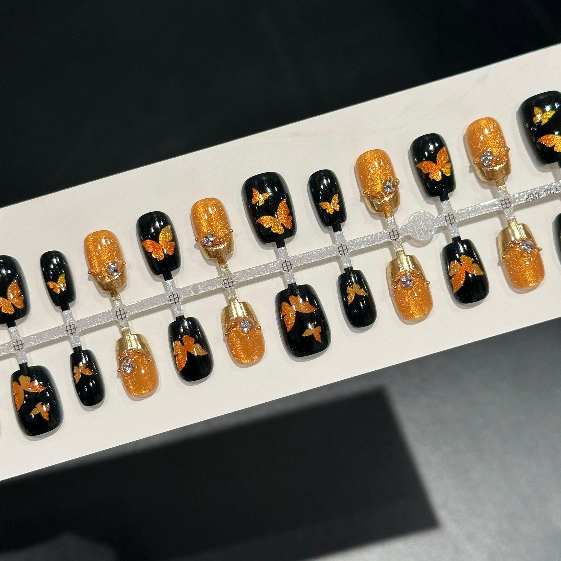 Xiaohongshu Viral Black Gold Butterfly Rhinestone Press-On Nails - Retro French Style Fake Fingertips