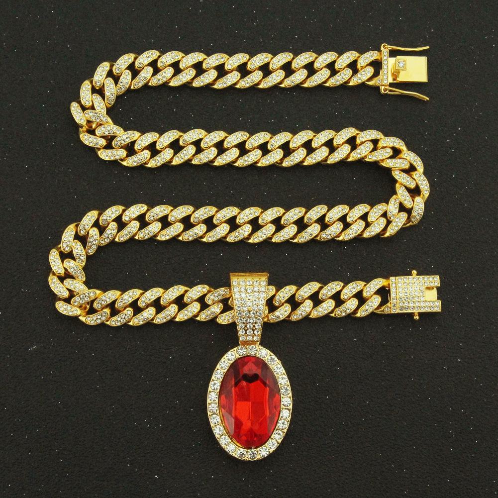Ruby Oval Pendant, Large Buckle Cuban Chain Necklace, Men's Hip-hop Hip-hop Jewelry.