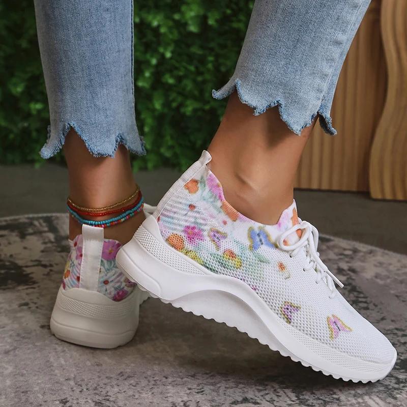 Fashion Women Print Platform Sneakers Spring Autumn Knitting Mesh Tennis Shoes Woman Lightweight Non Slip Casual Walking Shoes