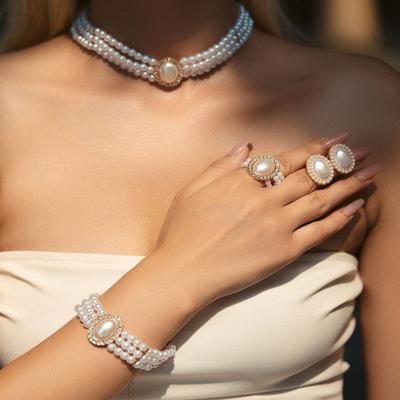 Wisiorek Choker Naszyjnik z Imitacji Pereł Kolczyki Bransoletka Pierścionek Akcesoria Biżuteria Imprezowy Prezent