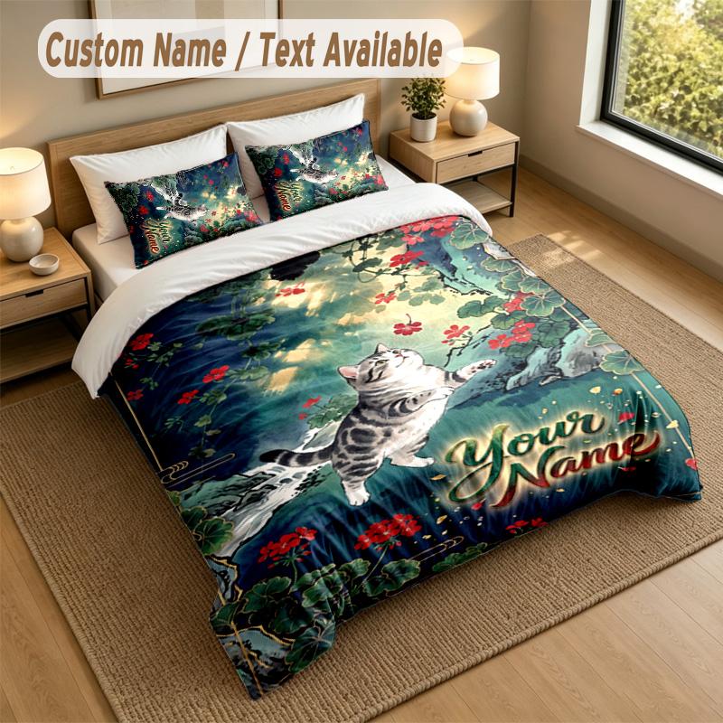 Cat Theme Personalized 3Pcs Bedding Set Custom Text & Name 1 Sheet 2 Pillowcases Household Bedding 1pc