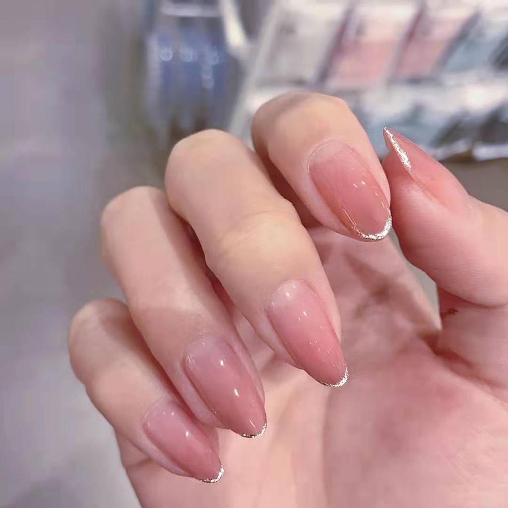 Nude Pink Pointed French Glitter Nail Stickers with Gold Edge - Waterproof and Removable.