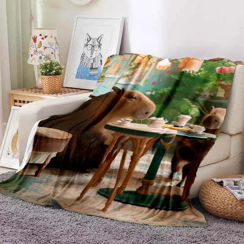 Kawaii The Capybara Club Home Cartoon Printed Blanket Picnic Blanket Warm Flannel Soft and Comfortable Home Travel Birthday Gift