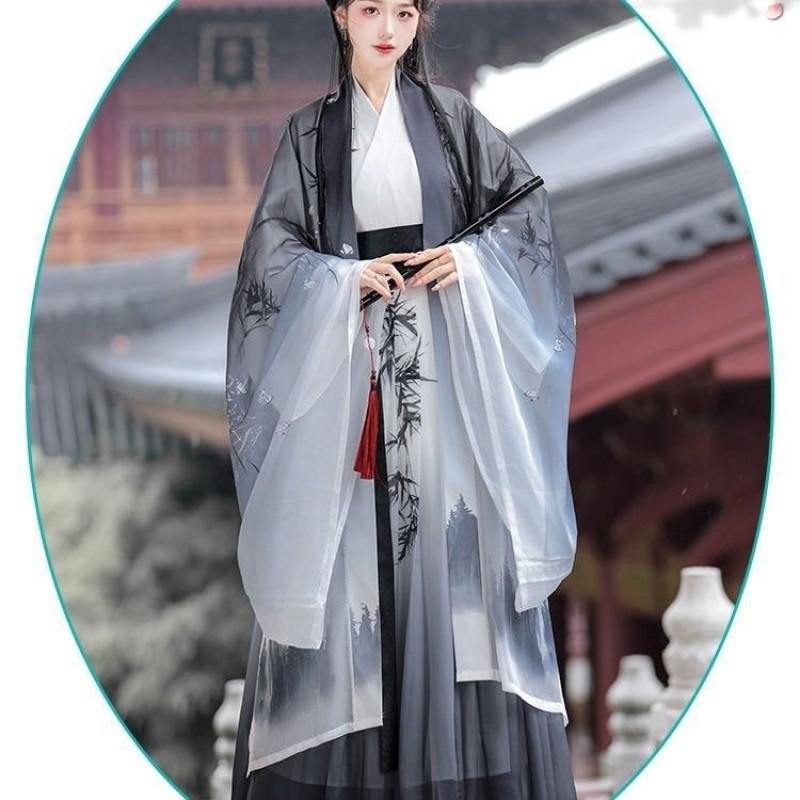 Unisex Song Dynasty Style Hanfu Inspired Modern Set Women Men Watercolor Print Wide Sleeve Top Skirt