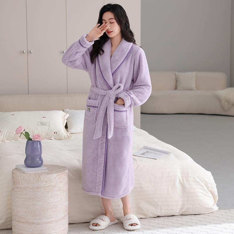 Coral Fleece Nightgown Women'S Winter Fleece Thickened Medium And Long Flannel Pajamas Autumn And Winter Bathrobe Women
