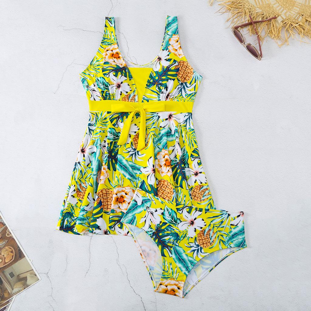 2024 Summer Beach Party New Swimsuit V-neck Printed Sexy Ladies Skirt Split Bikini Set