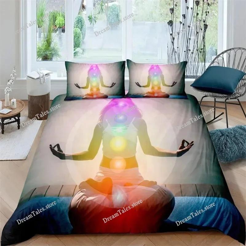 Funda nórdica de meditación de chakras bohemios, juego de cama de yoga con temática relajante, funda de edredón de loto con mandala exótico, decoración para dormitorio tamaño king