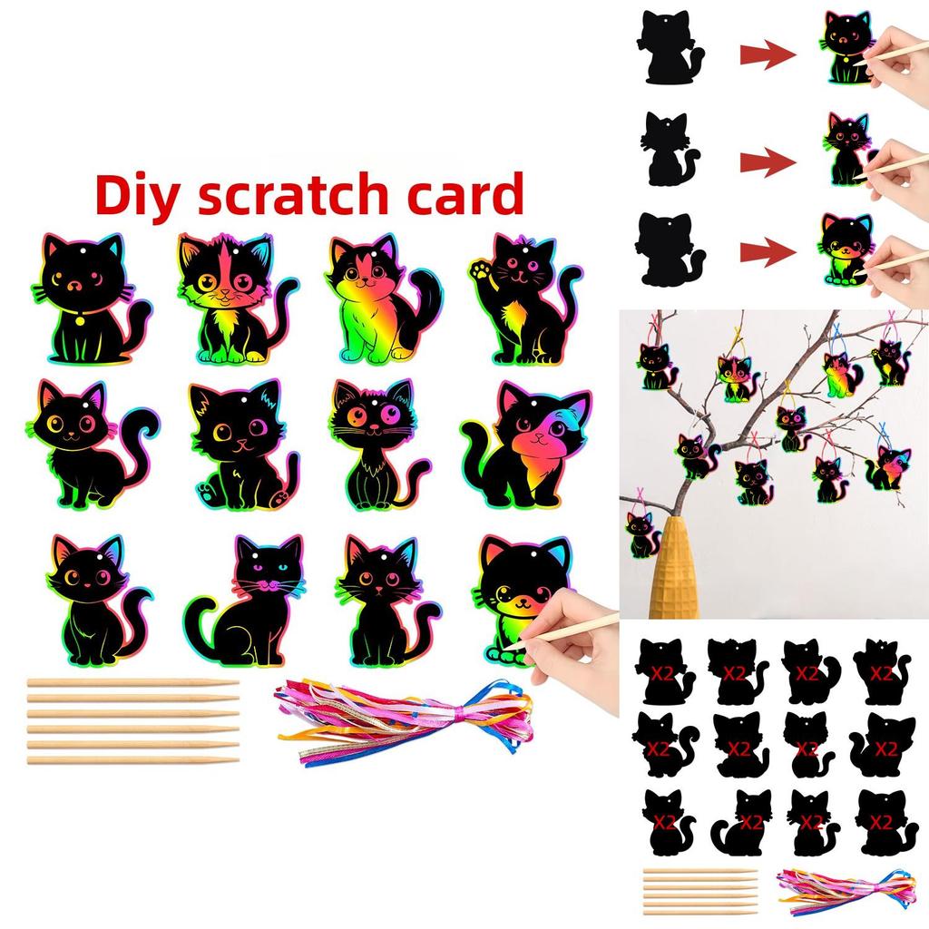 Cat Birthday Party Decor Scratch Card Kit With Colorful Finish And Diy Hanging For Kids Celebrations