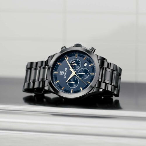 BENYAR Men's Watch Analog Quartz Movement Chronograph Watch Casual Sports Design Stainless Steel Strap 30M Waterproof Elegant Gift for Men Black Blue