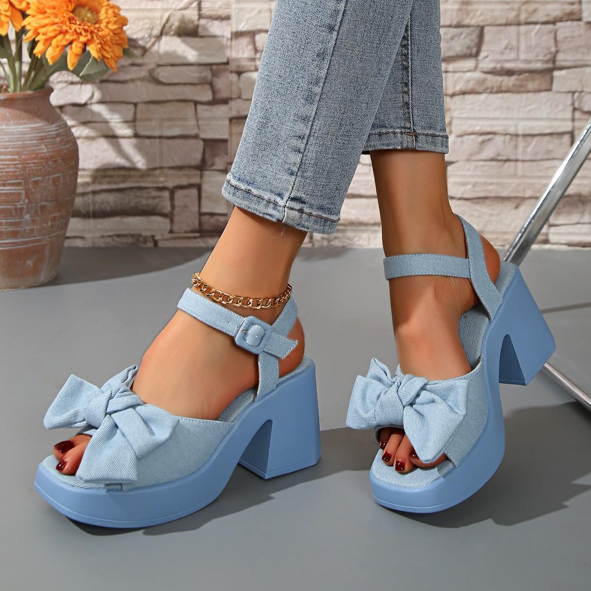 

Fashion 2025 Summer Women s Fashion Sandals Platform Bow Tie Buckle Strap Dress Sandals Chunky High Heel Shoes Blue Denim Outwear Shoes 35