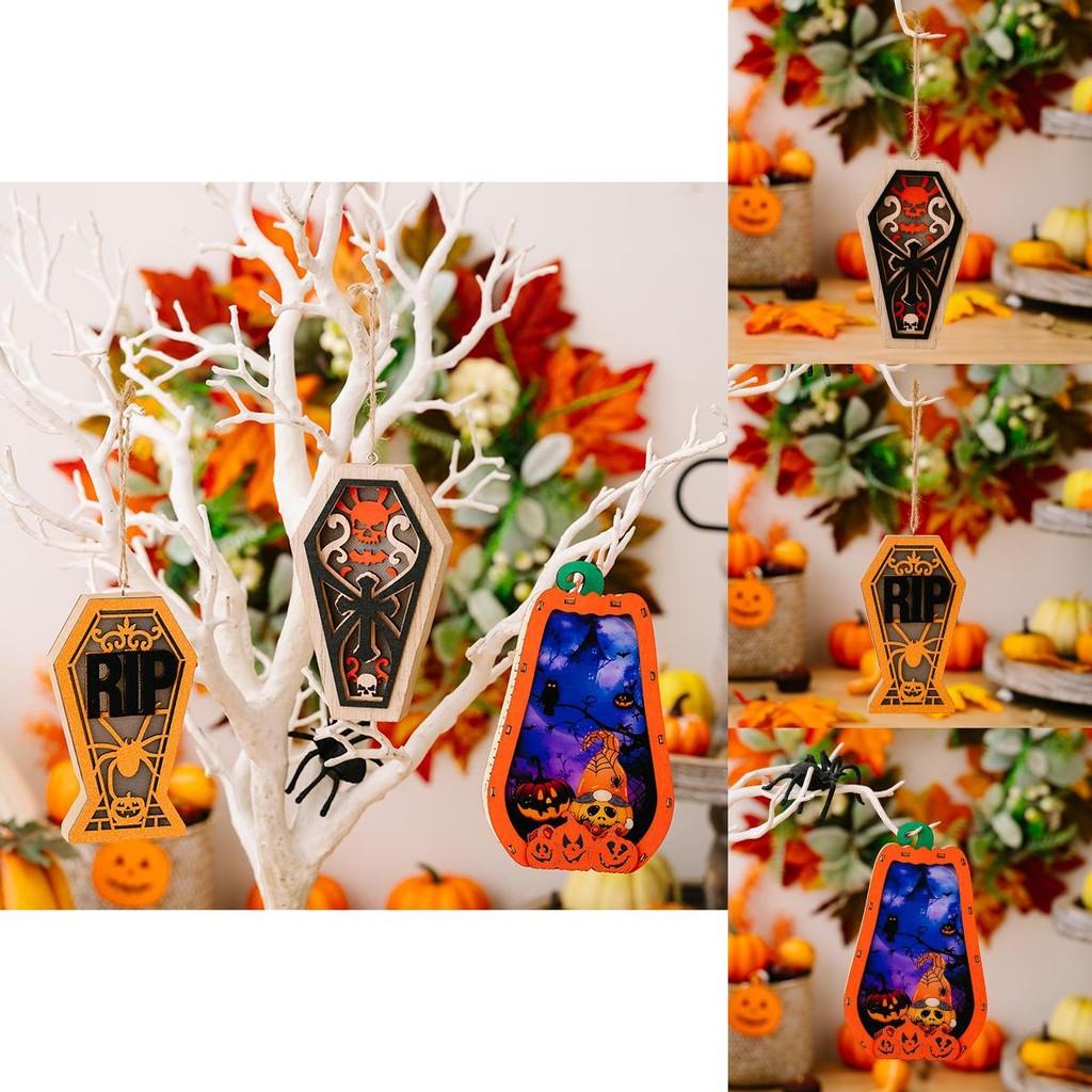 Świąteczne Drewniane Dekoracje Halloween Wiszące Dynia Pająk Czaszka Podświetlane Pudełko
