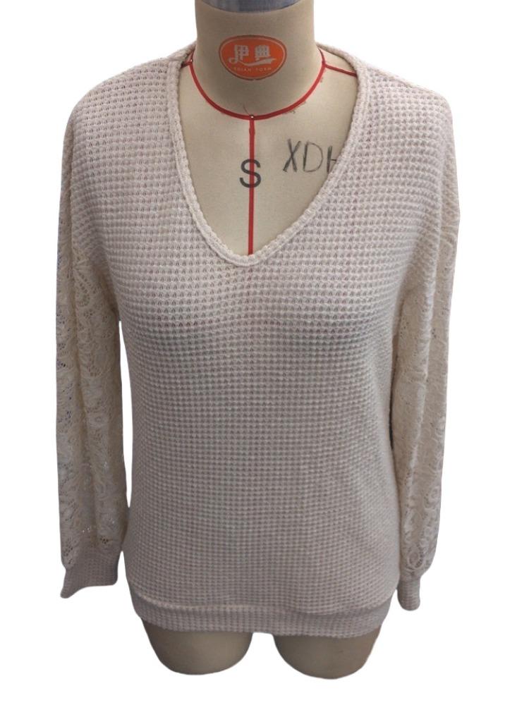 Spring Elegant Women's Solid Color V-neck Lace Splicing Long-sleeved T-shirt Tops Women Versatile Closet Essential Fashion Items Shirt