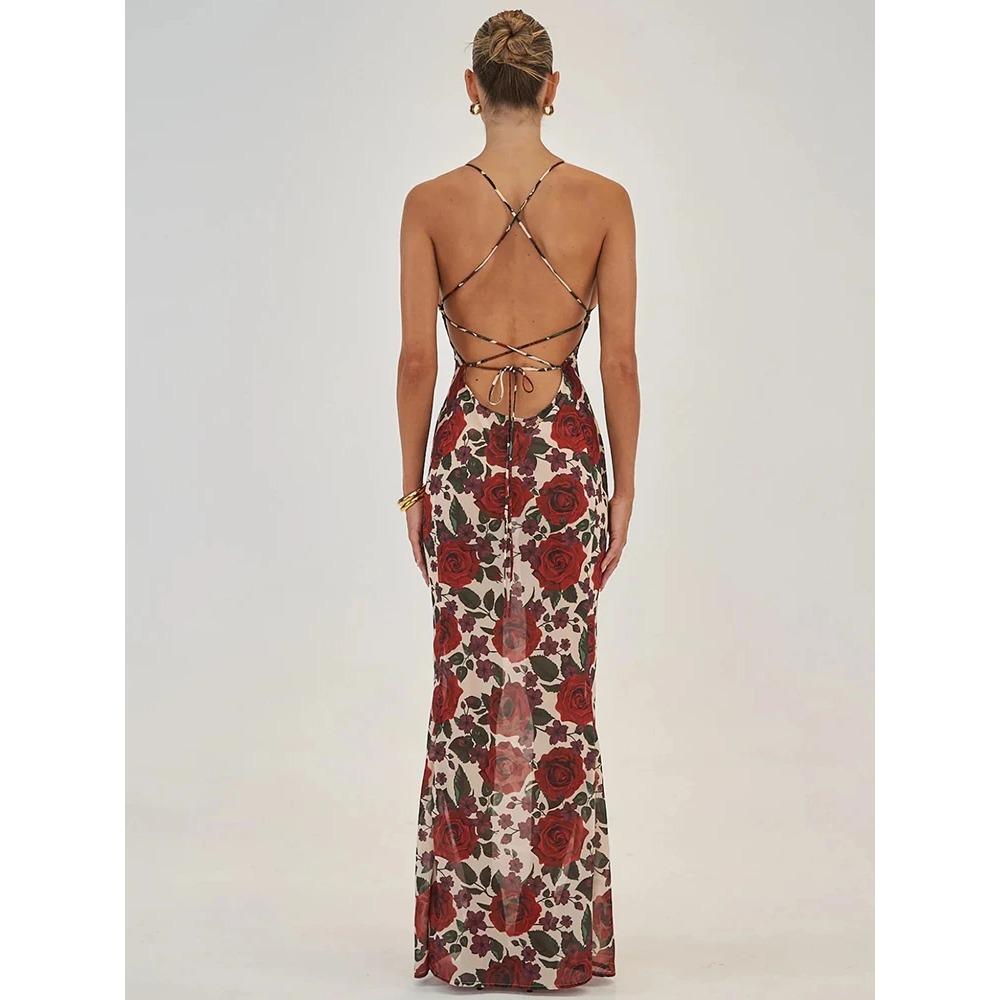 Spaghettiträger Rückenfreies Druckkleid Für Damen Mode Tiefer V-Ausschnitt Ärmellos Schnürung Bodycon Bedruckt Sexy Langes Kleid