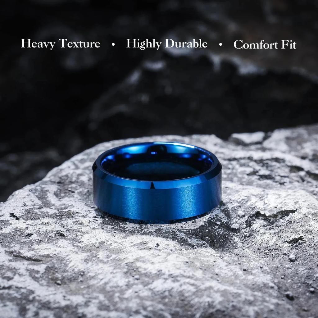 Einfache 8mm Blaue Edelstahlringe für Männer Frauen Blaues Mattes Finish Abgeschrägte Polierte Kante Herrenringe Ehering Schmuck Geschenk