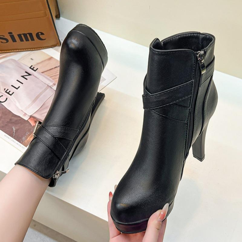Fashion Spring Autumn New European American Women Pumps Fashion Belt Buckle Sexy Leather Boots Side Zipper High Heels Shoe Zapatos Mujer