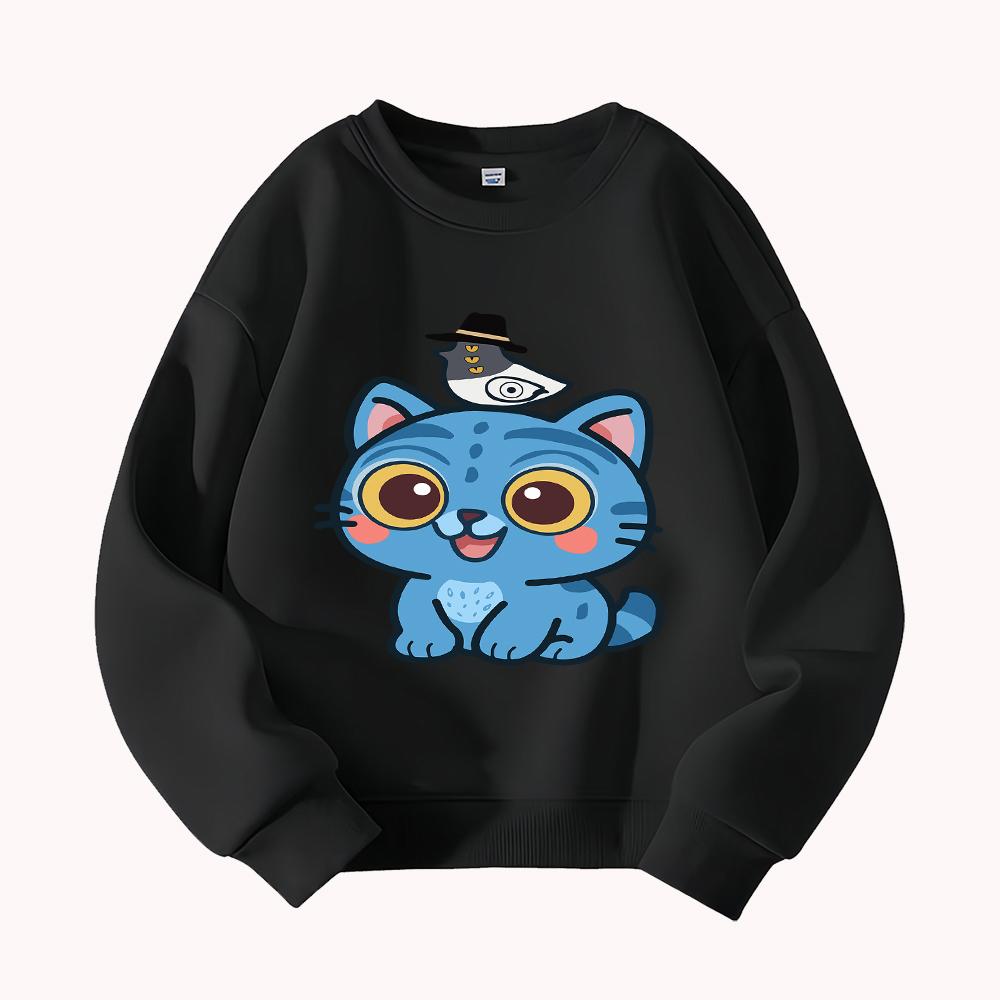 Cute Blue Cat with Hat Print Kids Sweatshirt Toddler Boys Girls Casual Long Sleeve Pullover Autumn Winter Clothes