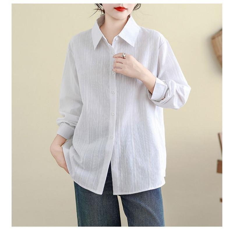 Solid Color Long-sleeved Shirt Spring and Autumn Versatile Casual Loose Simple Jacquard Striped Top