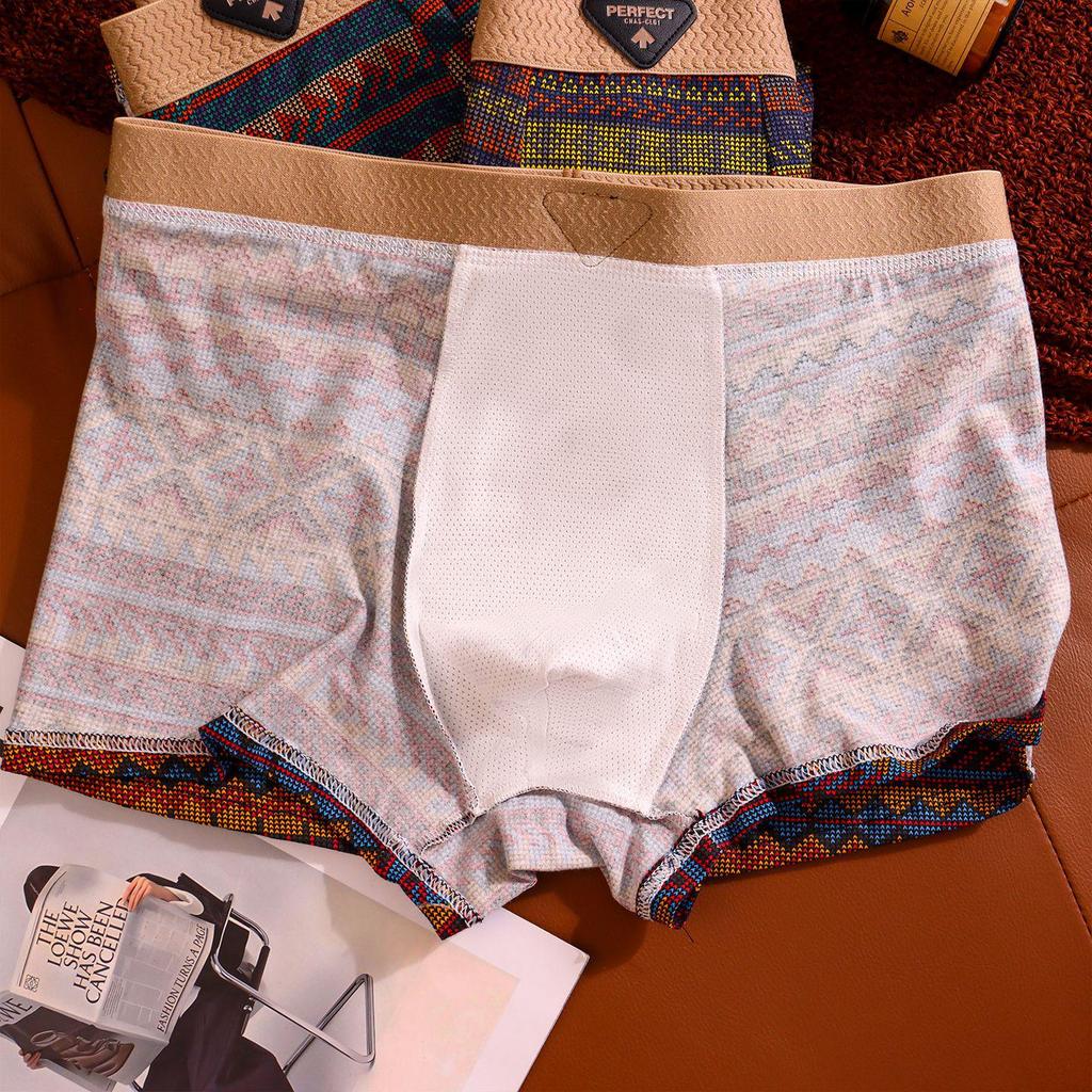 Men's Ethnic Style Cotton Boxer Briefs - Comfortable & Breathable Retro Print Shorts