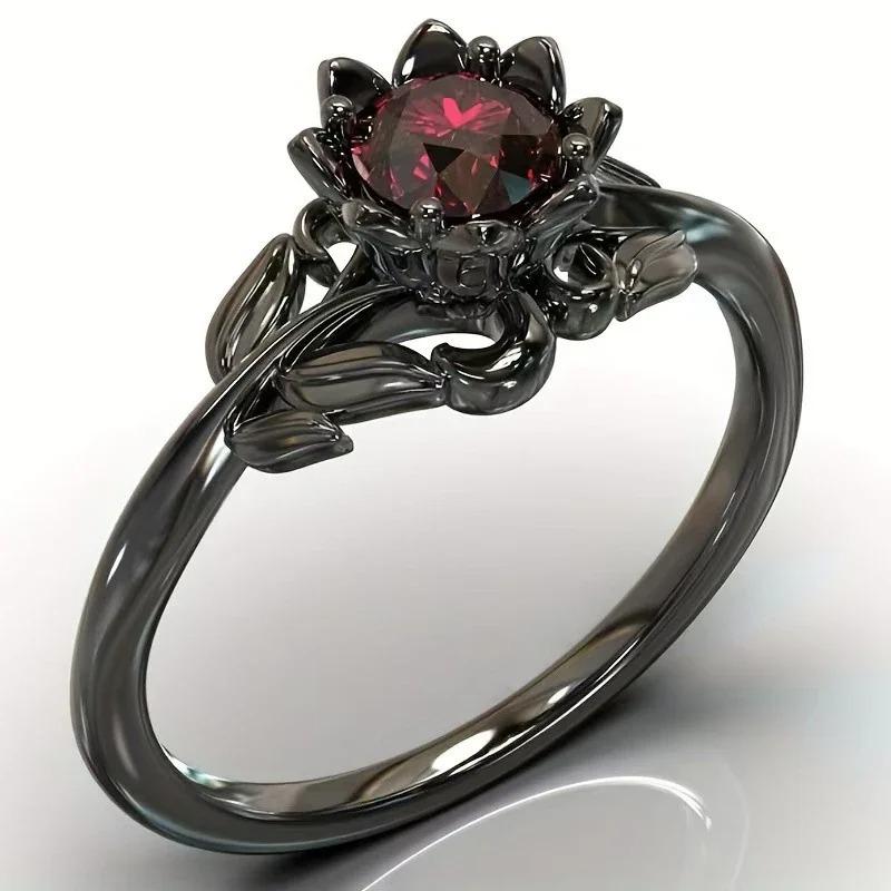 Anelli Rotondi con Fiori di Colore Nero Charm per Donna Anelli con Pietra Rossa Gioielli Regalo per Festa