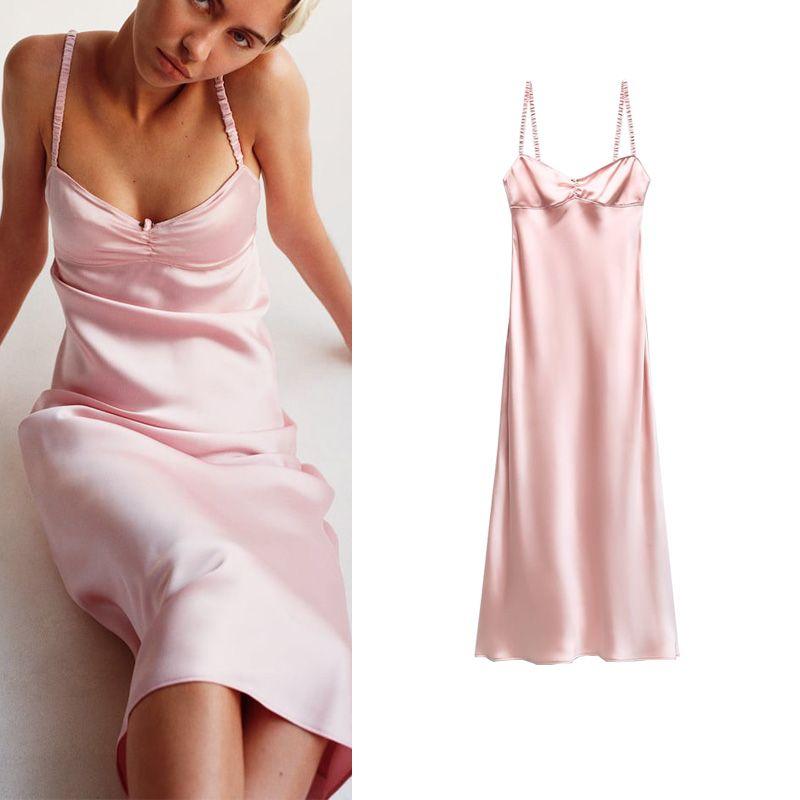 Spring New Elegant Waist Hugging Slimming Flower Detail Silk Satin Texture Underwear Style Dress 2340371