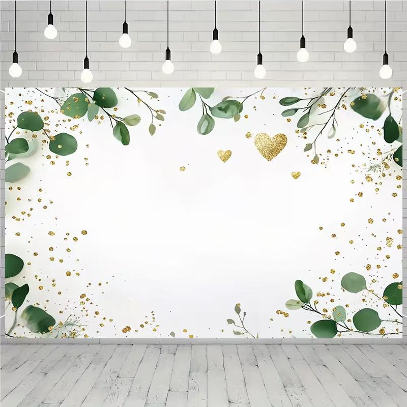2D Green Leaves and Gold Glitter Backdrop Engagement and Baby Shower Photography Background