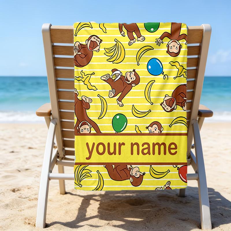 1pc Curious George1 Beach Towel with Custom Name, Beach/Swimming/Bath/Picnic/Camping Towel, Suitable for Seaside Beaches
