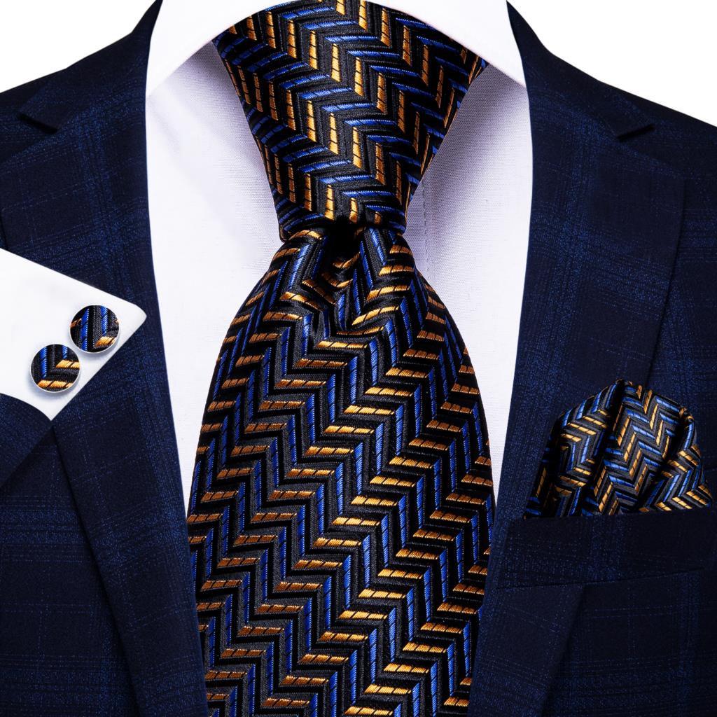 Hi-Tie Navy Blue Striped Silk Wedding Tie For Men Fashion Design Gift Men Necktie Hanky Cufflink Set Business Party Dropshiping