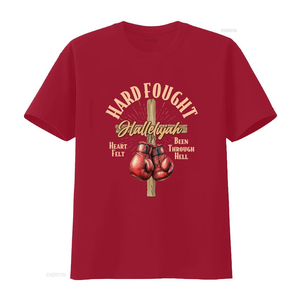 Vintage Christian Hard Fought Hallelujah Cross Boxing Gloves Print Casual T Shirt Vintage Washed Homme Comfortable Soft