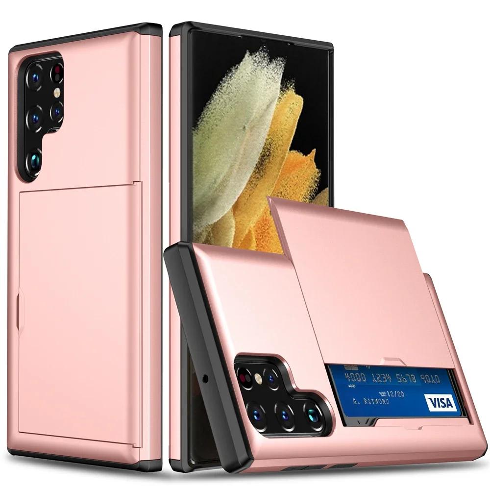 For Samsung Galaxy S25 S24 Ultra S23 S21 S20 FE S22 Plus A55 Case Slide Armor Wallet Card Slot Cover for Galaxy Note 20 Ultra