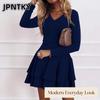 JPNTKY Fashion Summer Spring Solid Color Print Long Sleeve V-Neck  Casual Dresses