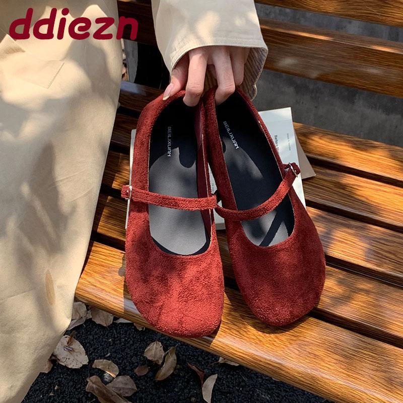 Mode Flache Mode Schnallenriemen Damen Mary Janes Ballerinas Schuhe Weiblich Runde Zehenpartie Schuhe Flock Damen Ballerinas Tanzschuhe