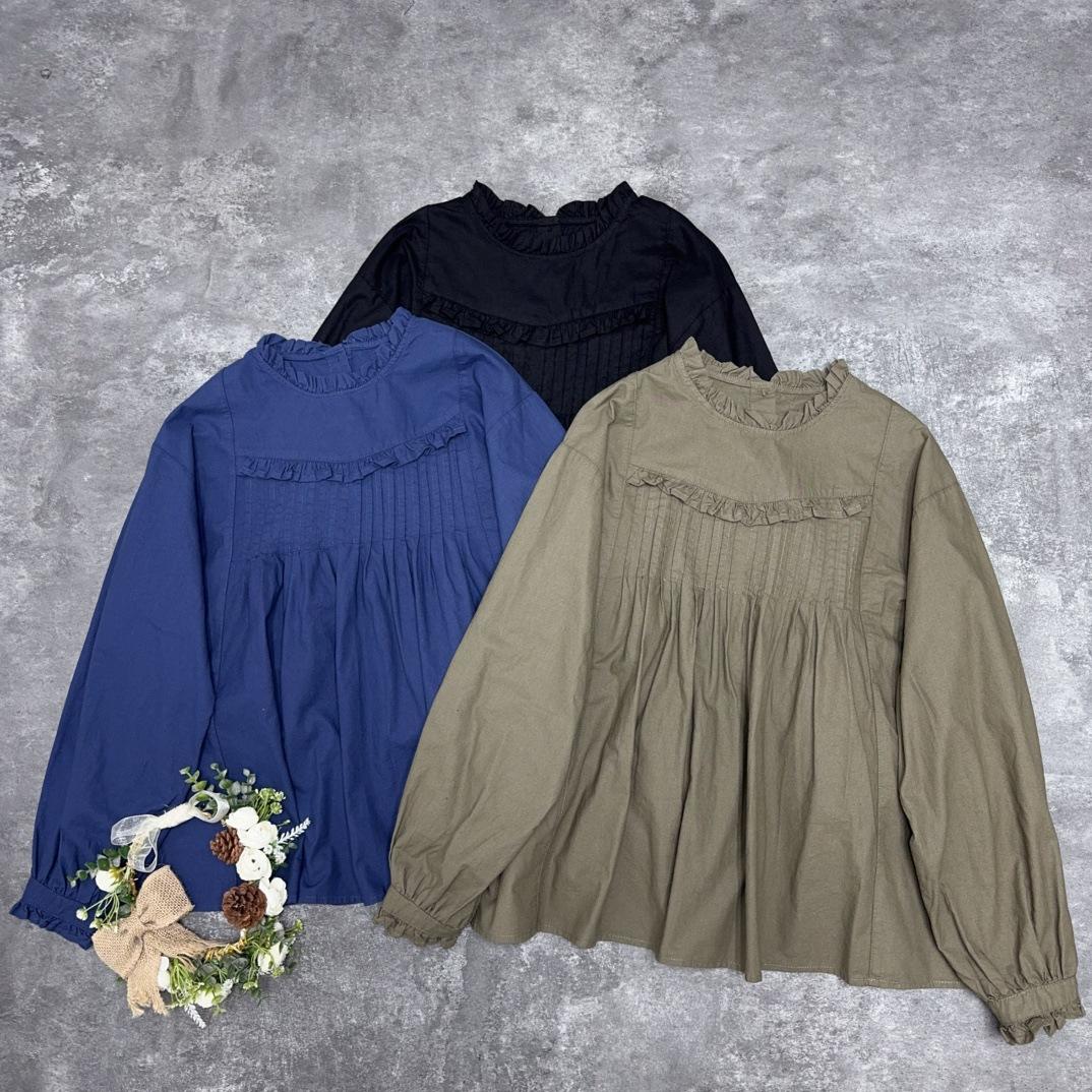 

Johnature Японский прессованный плиссированный деревянный воротник-ушанка с длинными рукавами рубашки оборки свободные повседневные однотонные женские топы One Size армия зеленый