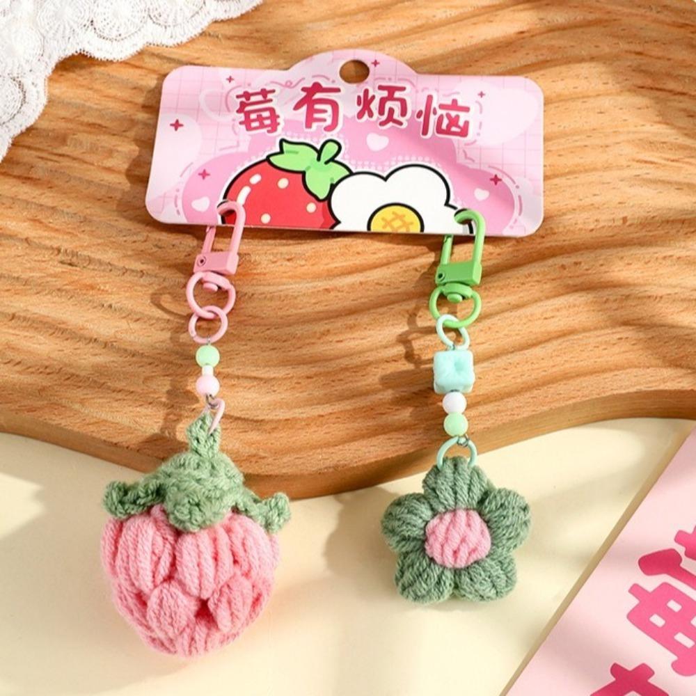 1pair Bag Hanging Knitted Flower Pendant Charms Car Keyrings Crochet Fruit Keychains Couple Gift